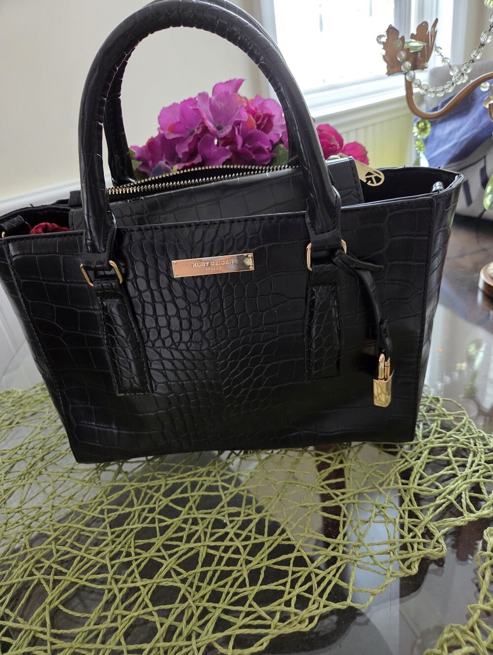 Kurt Geiger Black Croc-Embossed Satchel with Gold Hardware